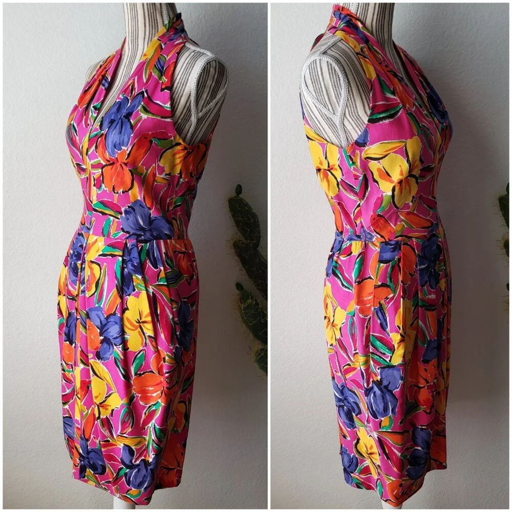 Vintage Tulip Dress Colorful Abstract Floral Print Halter Knee Length Belt sz 8 - Picture 4 of 16